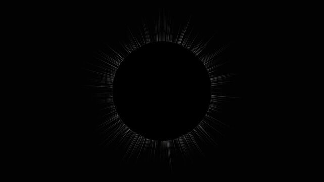 Abstract motion graphic depicting a black circle with radiating white lines, suggesting a solar eclipse or pulsating energy effect.