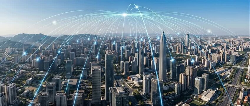 Smart city IoT connection network background with futuristic digital communication technology lines over modern cityscape, global big data transfer and 5G wireless information concept