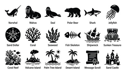 Obraz premium Sea life, island landscapes, and pirate treasure icons for marine adventure graphic assets.