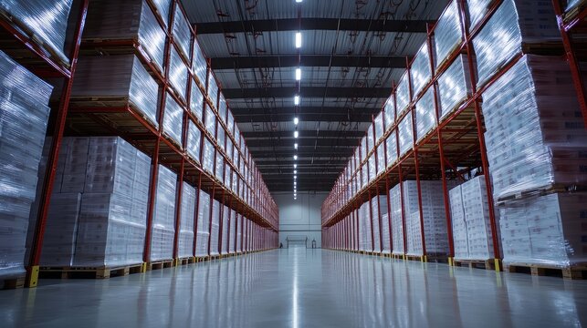 Warehouse interior storing packaged goods on pallets and shelves