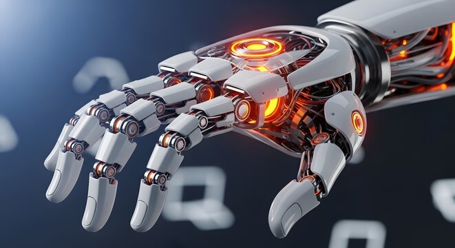 Robotic hand with glowing internal mechanics. Artificial intelligence and advanced automation. Cyborg arm with red circular light representing future engineering and bionics