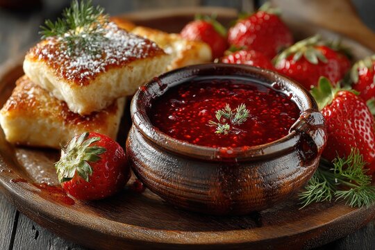 Delicious strawberry jam with powdered sugar pastries and fresh berrie