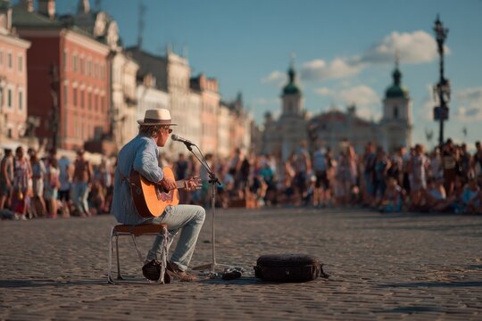 Street musician playing guitar in a bustling city square