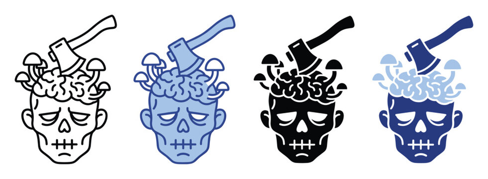 Zombie head with brain, axe, and mushrooms, ideal for horror themes or Halloween content.