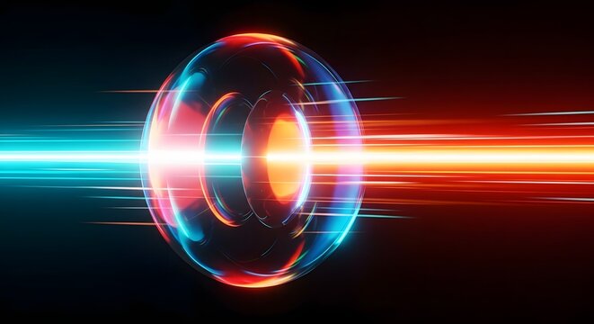 Futuristic energy orb with blue and orange light beams. Fusion power and advanced physics research. Glowing spherical object emitting high speed laser pulses in a dark laboratory