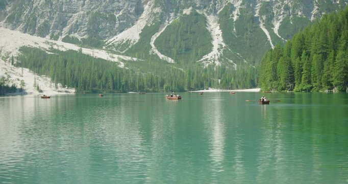 Boats on Pragser Wildsee, Dolomites, Italy