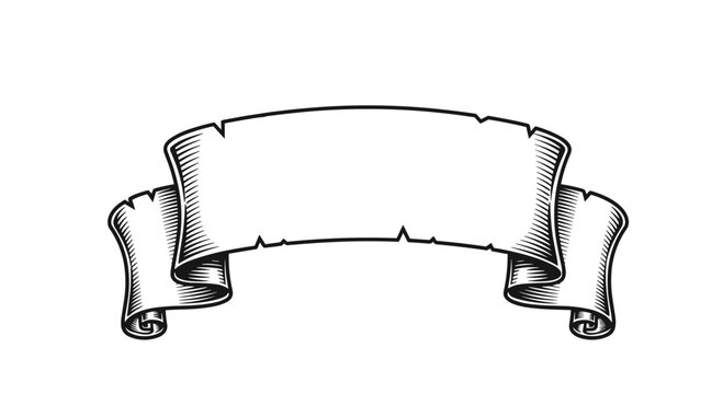 Classic black and white hand-drawn vintage ribbon scroll banner for titles and decorative borders in retro style design projects.