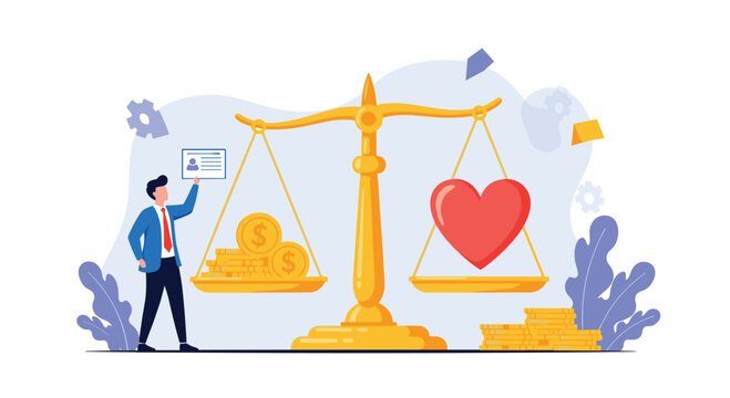 Businessman standing next to a large scale weighing a heart against stacks of money representing the balance between life and work.