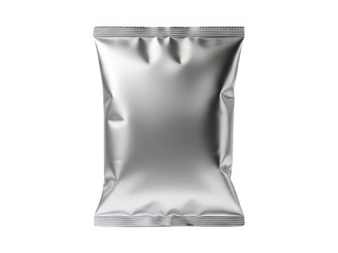 Blank silver foil snack food packaging pouch, png image on transparent background