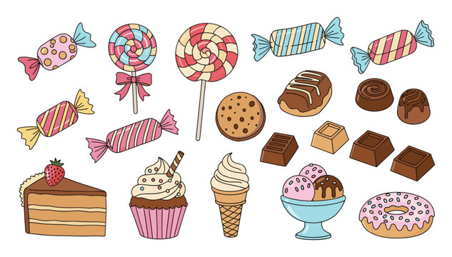 Delicious collection of various candies, chocolates, cakes, and ice cream for sweet themes.