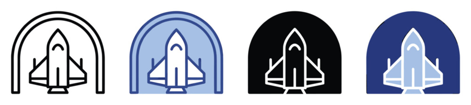 Four fighter jet icons in hangar for aerospace industry and modern aviation graphics
