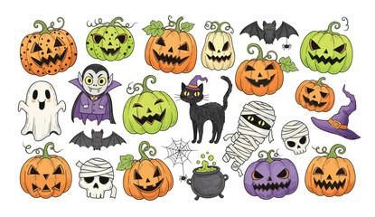 Obraz premium Halloween collection of playful spooky jackolanterns, ghost, vampire, mummy, and other seasonal holiday elements for celebration projects