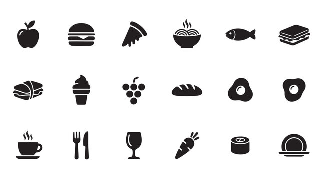 Black food and drink icons on white background Vector, illustration