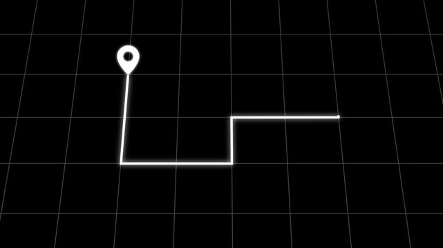 Animated route on digital map with glowing pin markers and grid background footage