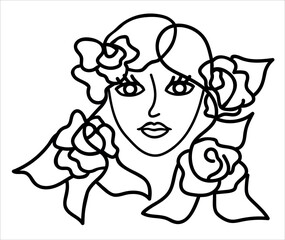 Fototapeta premium Line art illustration of a beautiful woman with flowers in her hair.