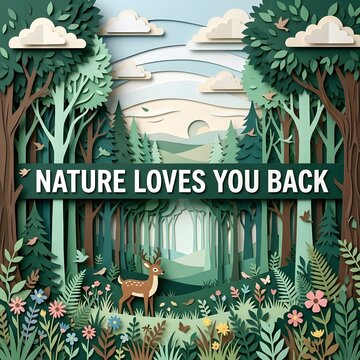 Deer in a forest with text nature loves you back