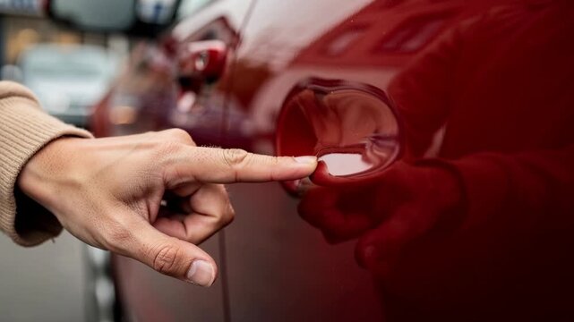 Close up of a hand pointing at a dent on a red car door in an urban environment