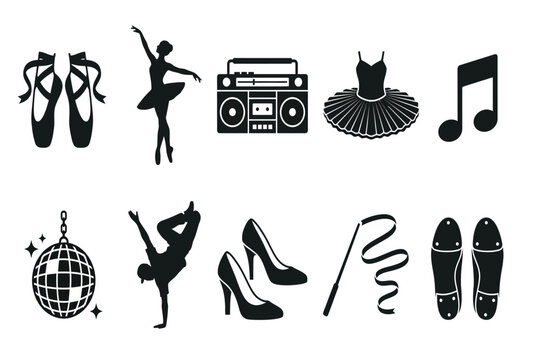 collection of music and dance icons including ballet shoes, silhouette of dancer, boombox, cat ears, musical note, disco ball, high heels, microphone, and sneakers isolated on transparent background