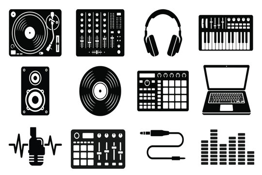 Music production equipment icons isolated on transparent background