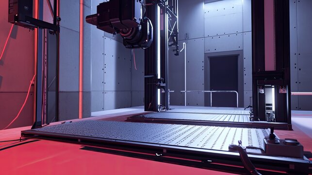 Futuristic automated laboratory with industrial machinery and data analysis