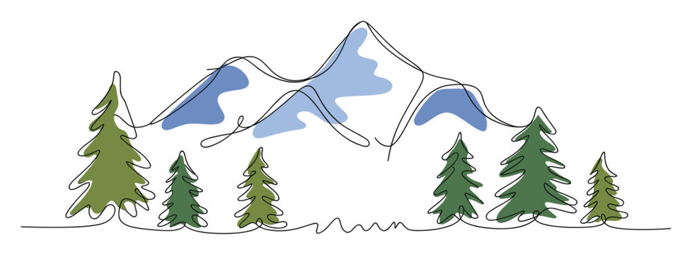 Mountain range and evergreen forest drawn in a continuous line style, good for outdoor projects