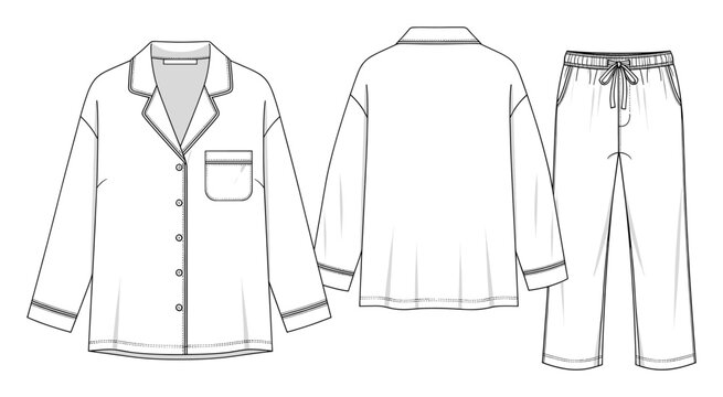 Comfortable sleepwear set with classic piped pajamas and drawstring pants for clothing product development.