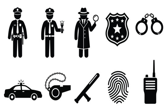 law enforcement icons including police officers, badge, handcuffs, and crime scene elements isolated on transparent background