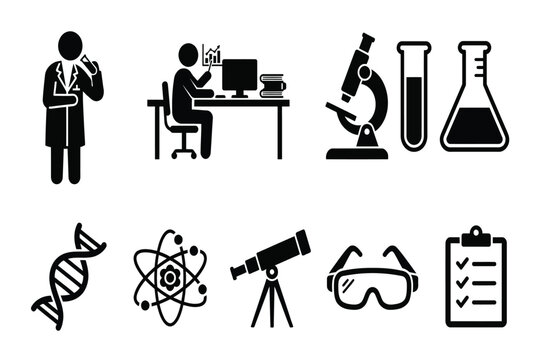 science icons set including microscope, beaker, telescope, and scientist isolated on transparent background