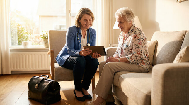 Home healthcare professional showing tablet information to senior woman in living room during supportive visit illustrating elderly care telehealth consultation trust treatment planning