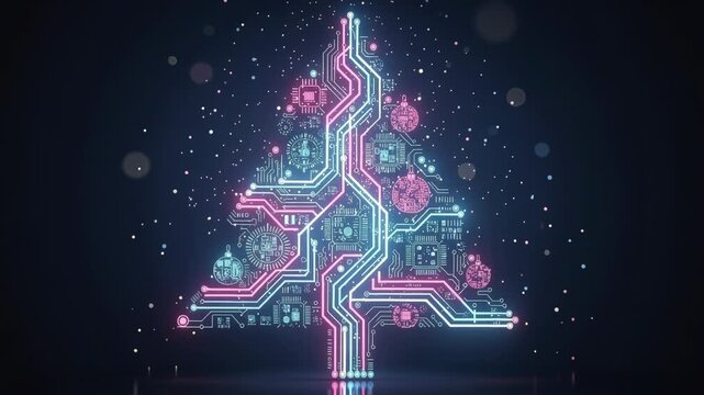 Glowing digital Christmas tree with circuit board design and futuristic holiday technology concept