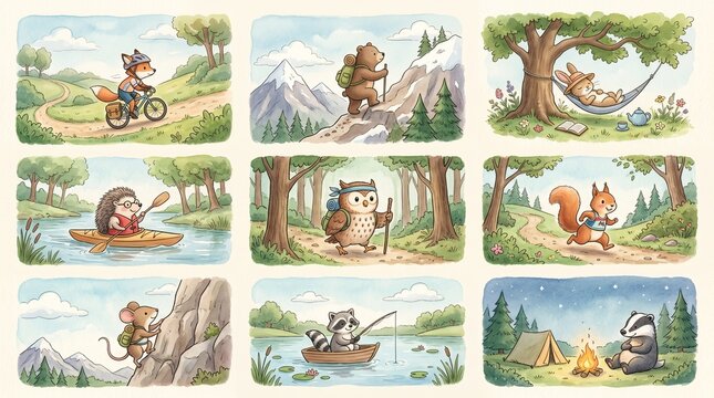 Animals explore forests, climb mountains, fish in lakes, kayak rivers, and camp under starry skies