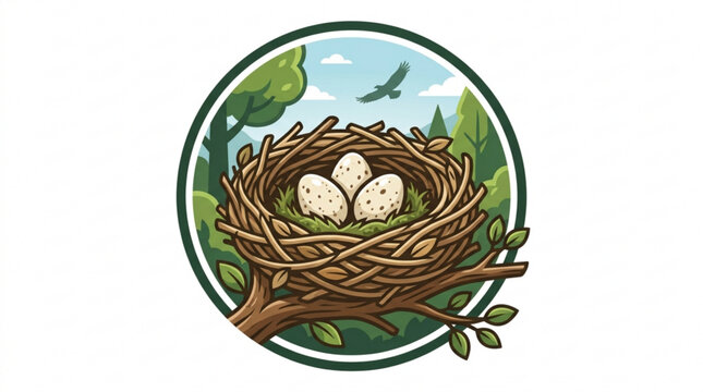 Eagle nest with eggs on tree branch in forest landscape with flying bird