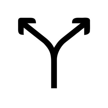 Black split road directional arrow symbol - Minimalist vector icon showing a split road with directional arrows pointing left and right
