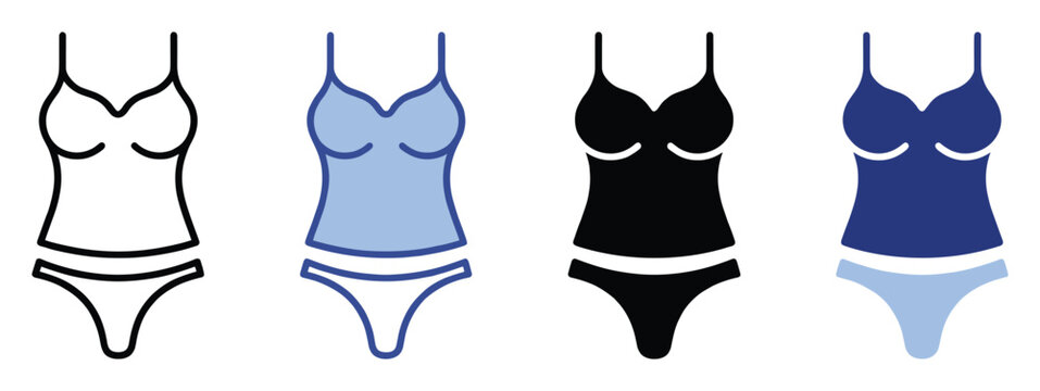 Tankini top and bikini bottom swimwear icons for beach clothing catalogs and holiday applications