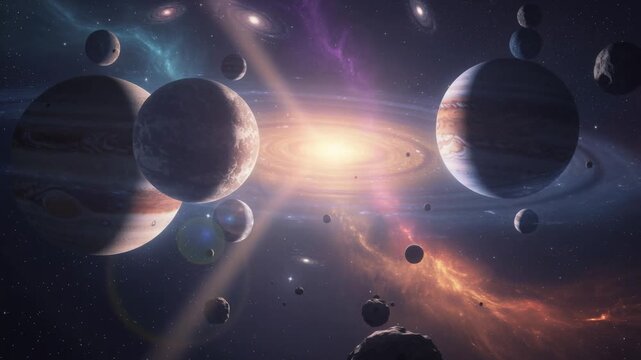 Stunning view of planets and asteroids in outer space with glowing stars and cosmic nebula background
