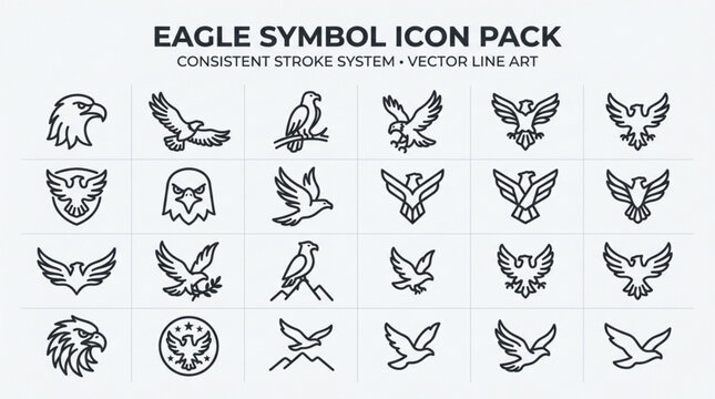 Eagle symbol icons in consistent stroke vector line art style for graphic design