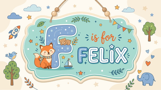 Custom shaped baby name sign vector with letter F is for Felix featuring cute fox and sailboat