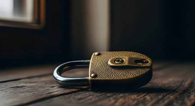 Antique brass padlock resting on weathered wood security and protection concept
