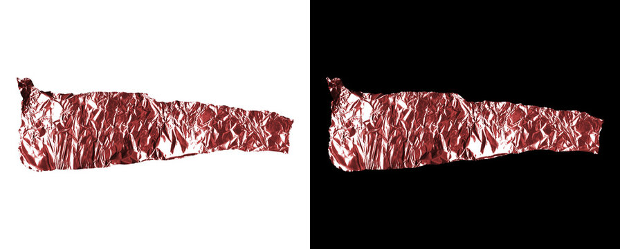 Crumpled shiny red foil texture on transparent and black backgrounds.