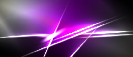 Naklejka premium Abstract purple light streaks radiate from central bright point. Dark background creates dramatic visual effect. Minimalist design.