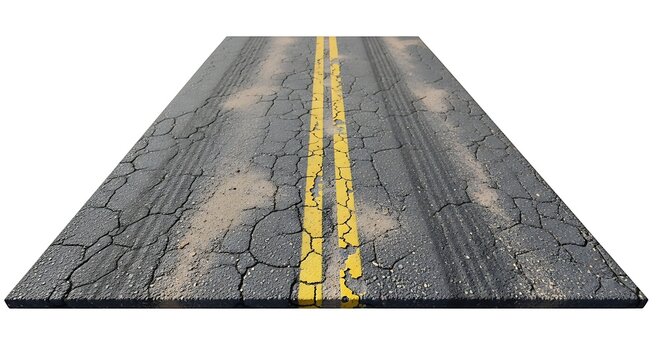 Close-up of cracked asphalt road surface.