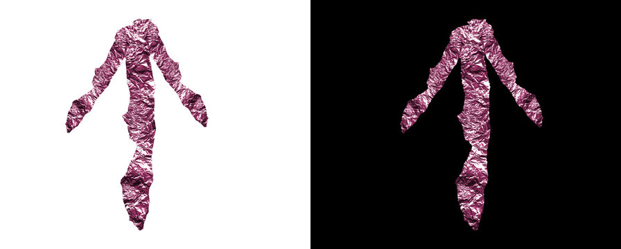 Pink metallic crumpled foil arrow pointing up on transparent backdrop.