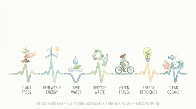 7 vital eco-actions (planting trees, recycling) shown with colorful icons