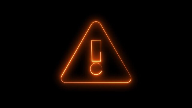 Glowing neon orange color warning attention sign icon animation danger risk alert error stop signal emergency hazard problem issue sign symbol on black background