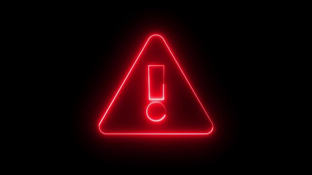 Glowing neon red color warning attention sign icon animation danger risk alert error stop signal emergency hazard problem issue sign symbol on black background