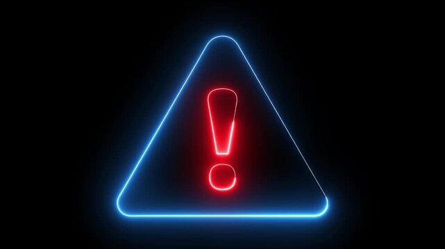 Glowing neon red and blue color warning attention sign icon animation danger risk alert error stop signal emergency hazard problem issue sign symbol on black background