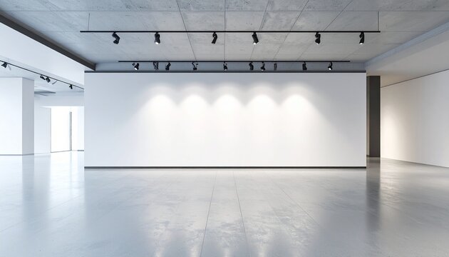 Modern art gallery interior with white walls and track lighting empty exhibition space with polished floor and minimalist design