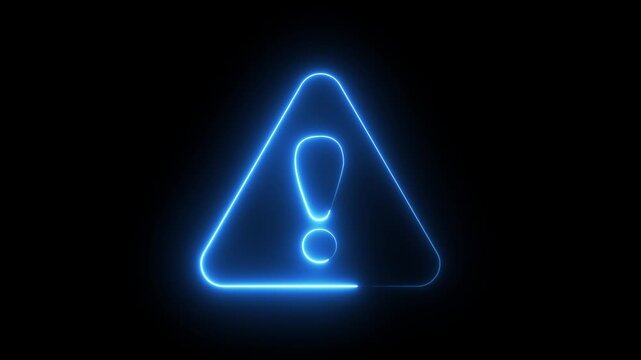 Glowing neon blue color warning attention sign icon animation danger risk alert error stop signal emergency hazard problem issue sign symbol on black background