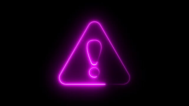 Glowing neon pink color warning attention sign icon animation danger risk alert error stop signal emergency hazard problem issue sign symbol on black background