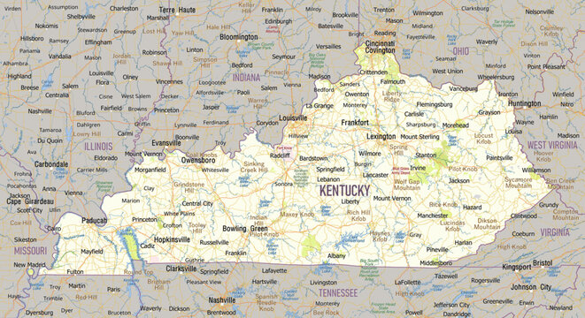 Detailed geographic and road map of the Commonwealth of Kentucky, USA, highlighting major cities, interstate highways, and diverse topographical regions.